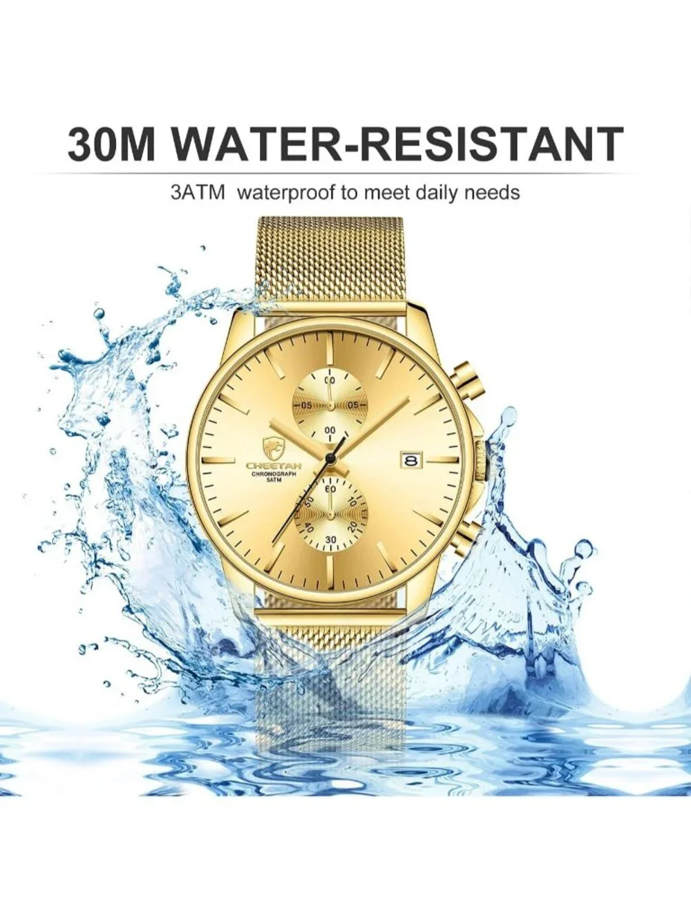 Men's Gold Quartz Analog Mesh Strap Stainless Steel Chronograph Round Watch